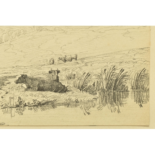 311 - CIRCLE OF WILLIAM TURNER OF OXFORD (1789-1862) A PICTURESQUE LANDSCAPE, cattle are grazing with two ... 