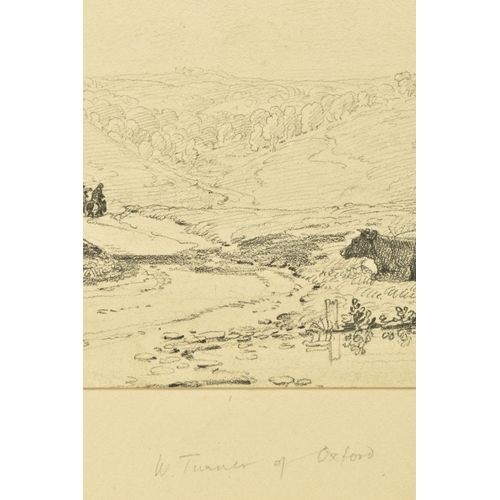 311 - CIRCLE OF WILLIAM TURNER OF OXFORD (1789-1862) A PICTURESQUE LANDSCAPE, cattle are grazing with two ... 