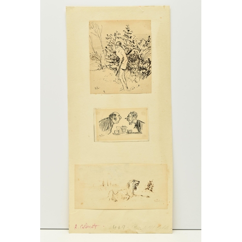 321 - RANDOLPH CALDECOTT (1846-1886) THREE SMALL PEN AND INK SKETCHES, depicting a figure with a shotgun, ... 