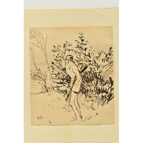 321 - RANDOLPH CALDECOTT (1846-1886) THREE SMALL PEN AND INK SKETCHES, depicting a figure with a shotgun, ... 