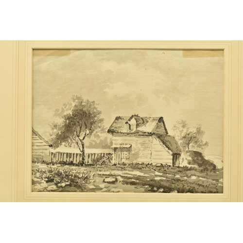 326 - CIRCLE OF GEORGE BARRETT I (CIRCA 1728-1784) LANDSCAPE WITH COTTAGE, unsigned ink wash on paper, app... 