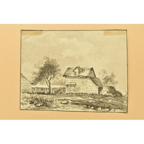 326 - CIRCLE OF GEORGE BARRETT I (CIRCA 1728-1784) LANDSCAPE WITH COTTAGE, unsigned ink wash on paper, app... 