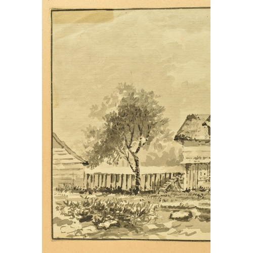 326 - CIRCLE OF GEORGE BARRETT I (CIRCA 1728-1784) LANDSCAPE WITH COTTAGE, unsigned ink wash on paper, app... 