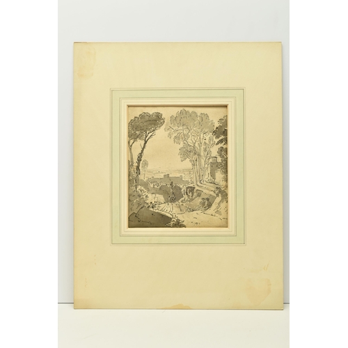 327 - CIRCLE OF GEORGE BARRETT II (1764-1842) LANDSCAPE STUDY, figures in a lane with fortified buildings,... 