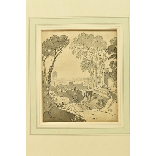 327 - CIRCLE OF GEORGE BARRETT II (1764-1842) LANDSCAPE STUDY, figures in a lane with fortified buildings,... 