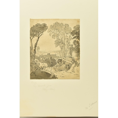 327 - CIRCLE OF GEORGE BARRETT II (1764-1842) LANDSCAPE STUDY, figures in a lane with fortified buildings,... 