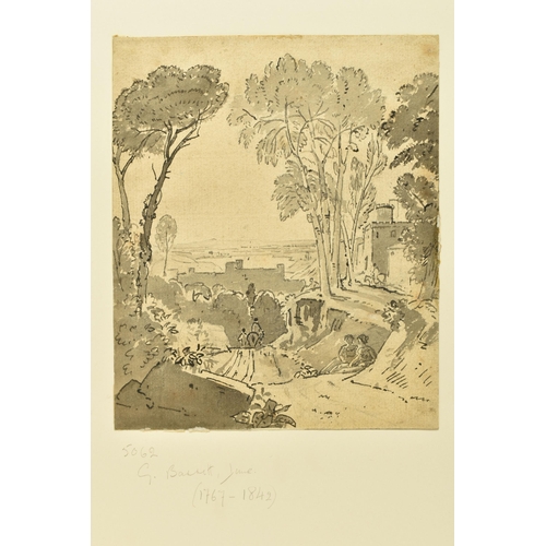 327 - CIRCLE OF GEORGE BARRETT II (1764-1842) LANDSCAPE STUDY, figures in a lane with fortified buildings,... 