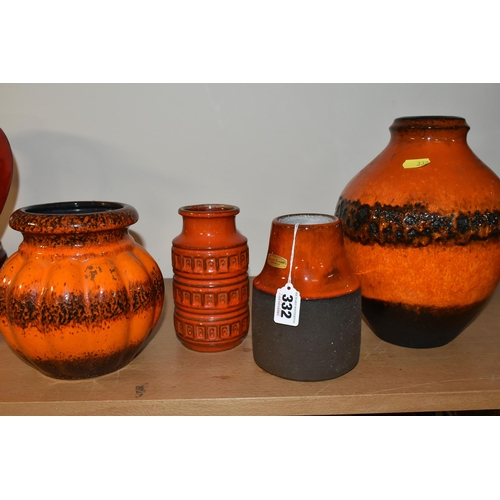 332 - FOUR WEST GERMAN POTTERY AND DANISH POTTERY VASES, comprising a Lovemose Keramik shouldered cylindri... 