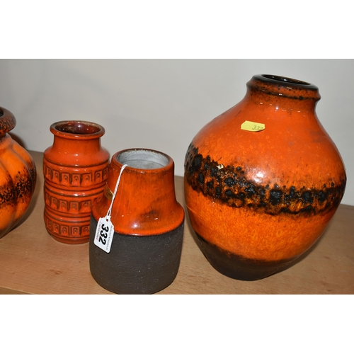 332 - FOUR WEST GERMAN POTTERY AND DANISH POTTERY VASES, comprising a Lovemose Keramik shouldered cylindri... 