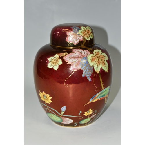 334 - A CARLTON WARE GINGER JAR AND COVER WITH THE KINGFISHER PATTERN ON A ROUGE GROUND, the base impresse... 