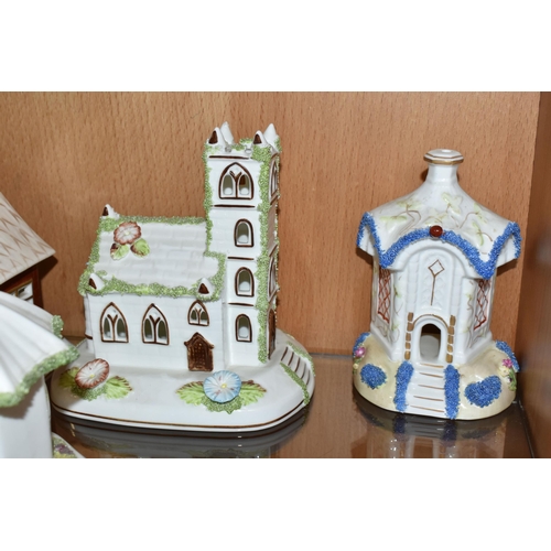 336 - EIGHT COALPORT BONE CHINA COTTAGES / BUILDINGS PASTILLE BURNERS, comprising 'Village Church', 'The T... 