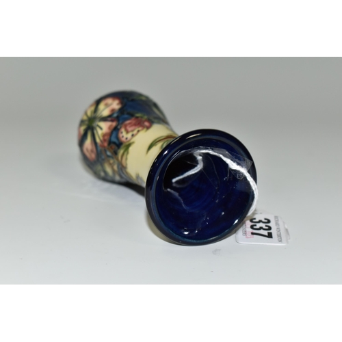 337 - A MOORCROFT POTTERY BALUSTER BUD VASE IN THE SWEET BRIAR PATTERN, impressed and painted marks, heigh... 