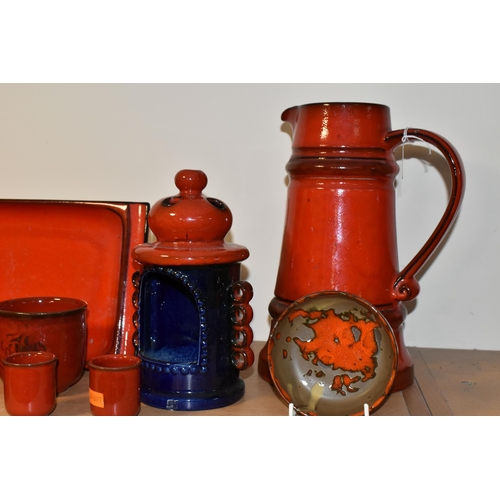 346 - A GROUP OF WEST GERMAN POTTERY KITCHEN WARE ITEMS, mostly red glazed, including a conical jug, heigh... 