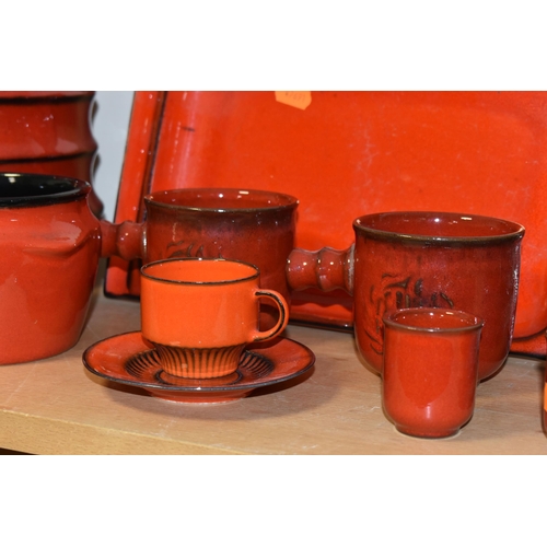 346 - A GROUP OF WEST GERMAN POTTERY KITCHEN WARE ITEMS, mostly red glazed, including a conical jug, heigh... 