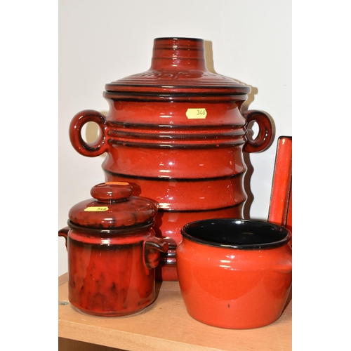 346 - A GROUP OF WEST GERMAN POTTERY KITCHEN WARE ITEMS, mostly red glazed, including a conical jug, heigh... 