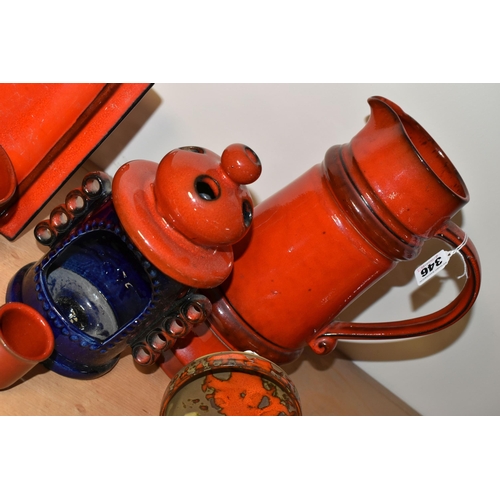 346 - A GROUP OF WEST GERMAN POTTERY KITCHEN WARE ITEMS, mostly red glazed, including a conical jug, heigh... 