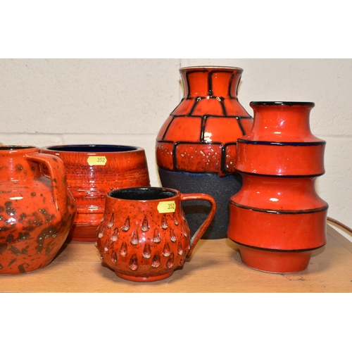 352 - EIGHT WEST GERMAN RED GLAZED POTTERY VASES, EWERS, ETC, including a twin handled vase, height 25cm, ... 