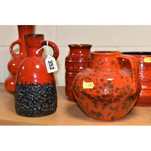 352 - EIGHT WEST GERMAN RED GLAZED POTTERY VASES, EWERS, ETC, including a twin handled vase, height 25cm, ... 