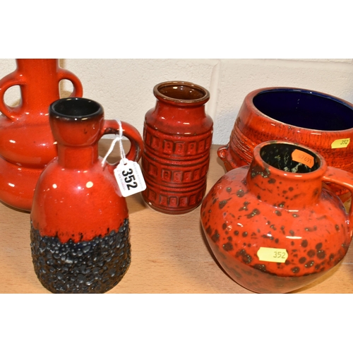 352 - EIGHT WEST GERMAN RED GLAZED POTTERY VASES, EWERS, ETC, including a twin handled vase, height 25cm, ... 