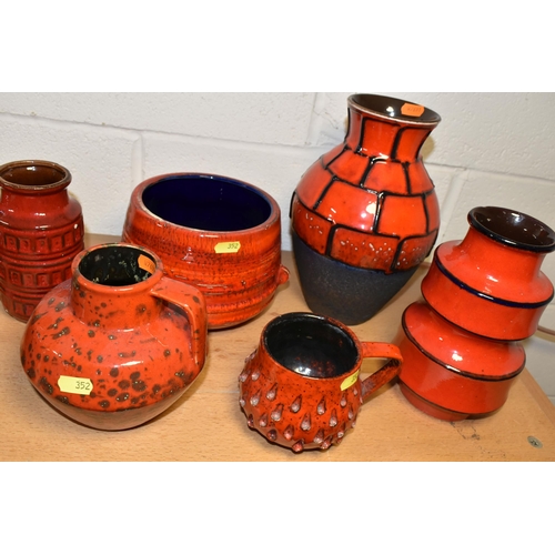 352 - EIGHT WEST GERMAN RED GLAZED POTTERY VASES, EWERS, ETC, including a twin handled vase, height 25cm, ... 