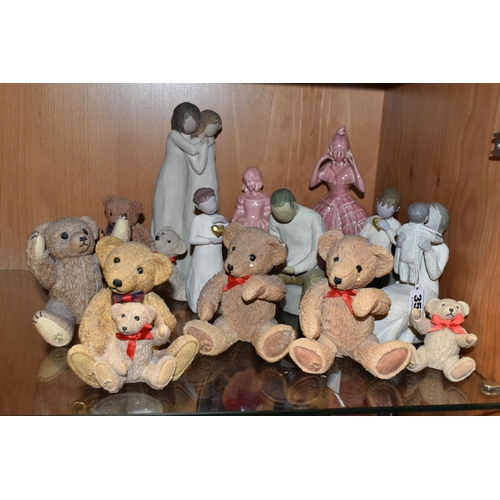 353 - FIVE WILLOW TREE FIGURES, SIX RESIN TEDDY BEAR FIGURES AND TWO PINK GLAZED POTTERY CRINOLINE LADY FI... 