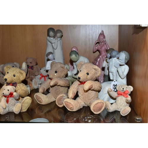 353 - FIVE WILLOW TREE FIGURES, SIX RESIN TEDDY BEAR FIGURES AND TWO PINK GLAZED POTTERY CRINOLINE LADY FI... 