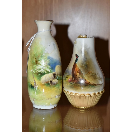 354 - TWO DAMAGED ROYAL WORCESTER PORCELAIN VASES, comprising a baluster vase painted with a pheasant and ... 