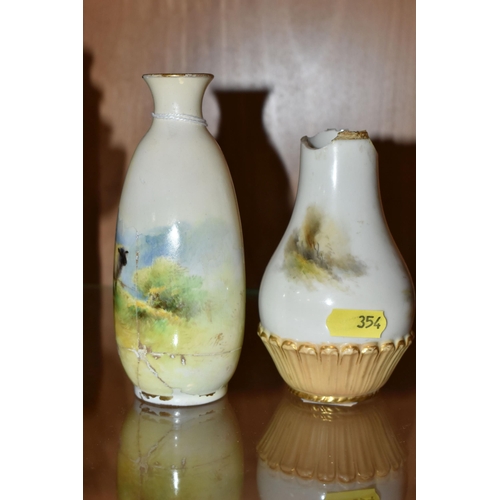 354 - TWO DAMAGED ROYAL WORCESTER PORCELAIN VASES, comprising a baluster vase painted with a pheasant and ... 