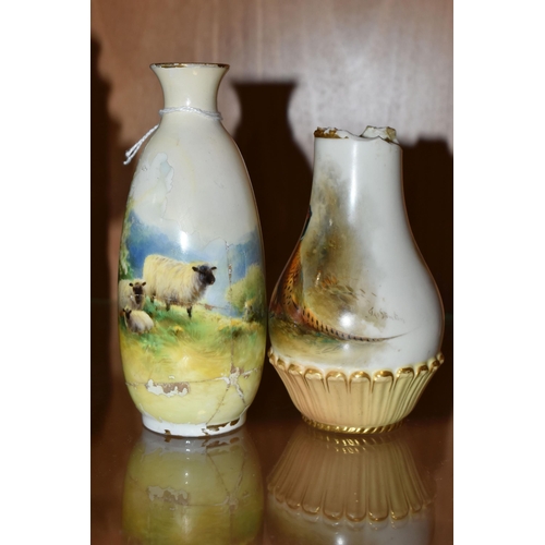 354 - TWO DAMAGED ROYAL WORCESTER PORCELAIN VASES, comprising a baluster vase painted with a pheasant and ... 