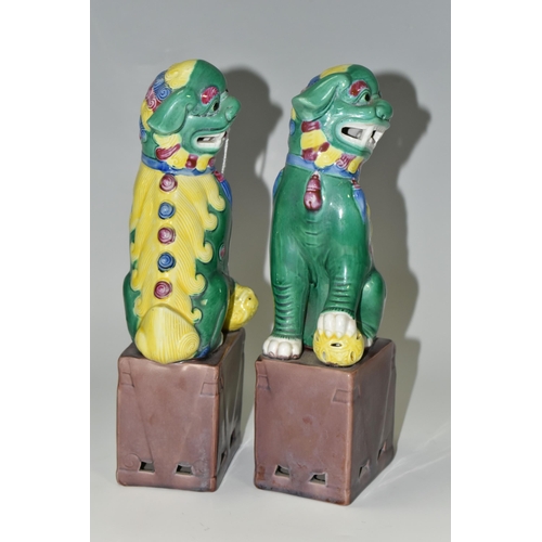 355 - A PAIR OF 20TH CENTURY CHINESE PORCELAIN SEATED DOGS OF FO, brown glazed rectangular bases, impresse... 