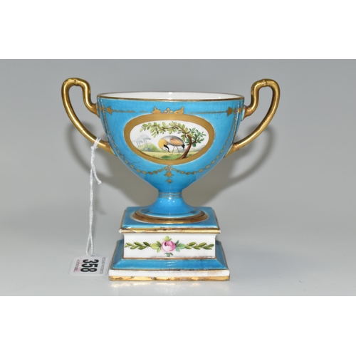 358 - AN EARLY 20TH CENTURY MINTONS TWIN HANDLED PEDESTAL BOWL, turquoise and gilt ground hand painted wit... 