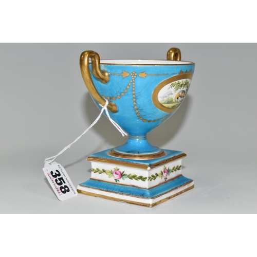 358 - AN EARLY 20TH CENTURY MINTONS TWIN HANDLED PEDESTAL BOWL, turquoise and gilt ground hand painted wit... 