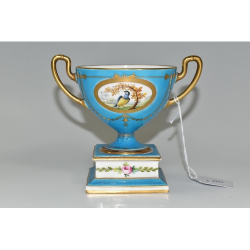 358 - AN EARLY 20TH CENTURY MINTONS TWIN HANDLED PEDESTAL BOWL, turquoise and gilt ground hand painted wit... 