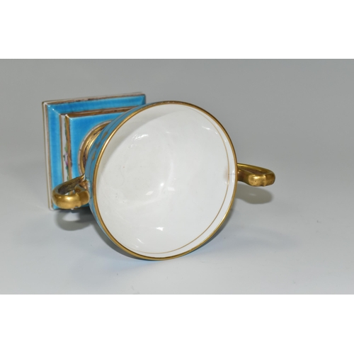 358 - AN EARLY 20TH CENTURY MINTONS TWIN HANDLED PEDESTAL BOWL, turquoise and gilt ground hand painted wit... 