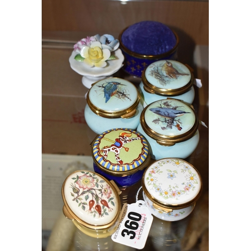 360 - SEVEN MODERN ENAMEL PILL BOXES / PIN CUSHION AND A ROYAL DOULTON MINIATURE POSY ORNAMENT, the boxes ... 