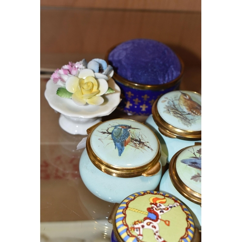 360 - SEVEN MODERN ENAMEL PILL BOXES / PIN CUSHION AND A ROYAL DOULTON MINIATURE POSY ORNAMENT, the boxes ... 