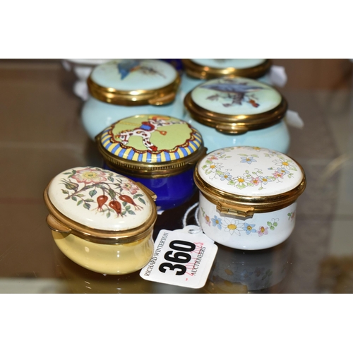 360 - SEVEN MODERN ENAMEL PILL BOXES / PIN CUSHION AND A ROYAL DOULTON MINIATURE POSY ORNAMENT, the boxes ... 