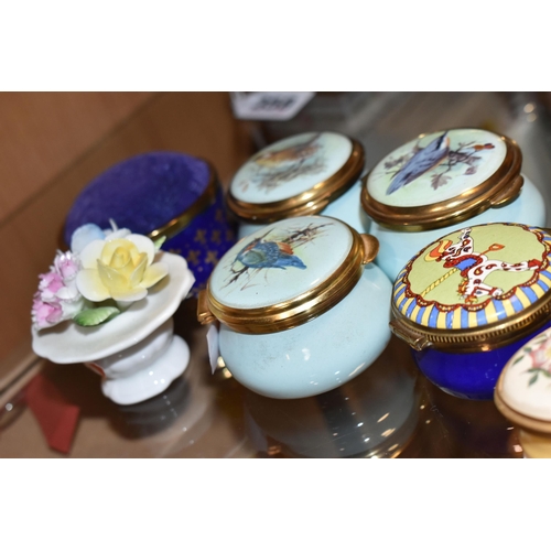 360 - SEVEN MODERN ENAMEL PILL BOXES / PIN CUSHION AND A ROYAL DOULTON MINIATURE POSY ORNAMENT, the boxes ... 