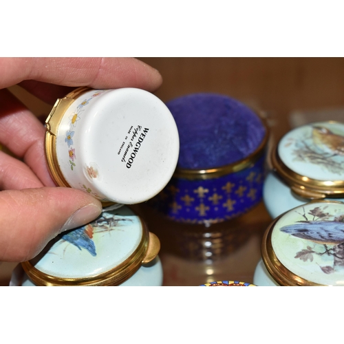 360 - SEVEN MODERN ENAMEL PILL BOXES / PIN CUSHION AND A ROYAL DOULTON MINIATURE POSY ORNAMENT, the boxes ... 