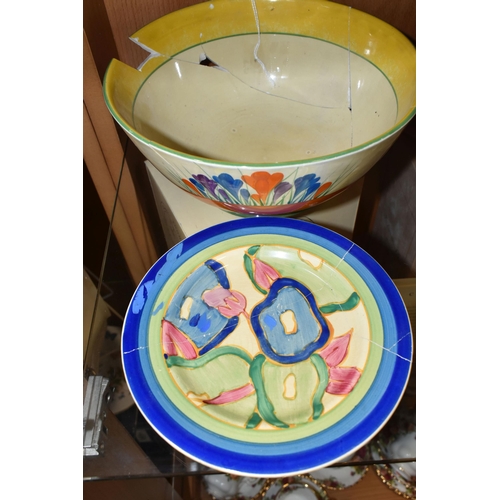 363 - TWO PIECES OF CLARICE CLIFF BIZARRE POTTERY BADLY DAMAGED AND IN NEED OF RESTORATION, comprising a C... 