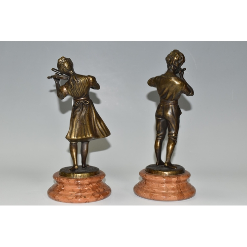 367 - A PAIR OF LATE 20TH CENTURY BRONZE FIGURES OF BOY AND GIRL MUSICIANS AFTER FONDERIA LANCINI, bearing... 