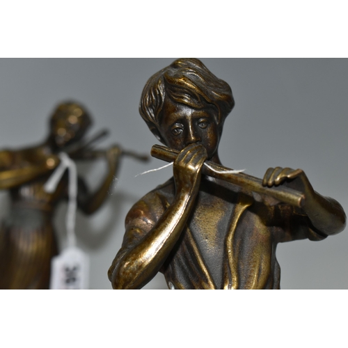 367 - A PAIR OF LATE 20TH CENTURY BRONZE FIGURES OF BOY AND GIRL MUSICIANS AFTER FONDERIA LANCINI, bearing... 