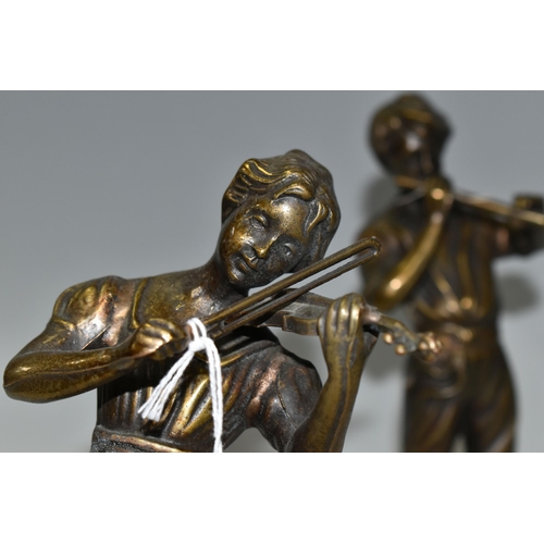 367 - A PAIR OF LATE 20TH CENTURY BRONZE FIGURES OF BOY AND GIRL MUSICIANS AFTER FONDERIA LANCINI, bearing... 