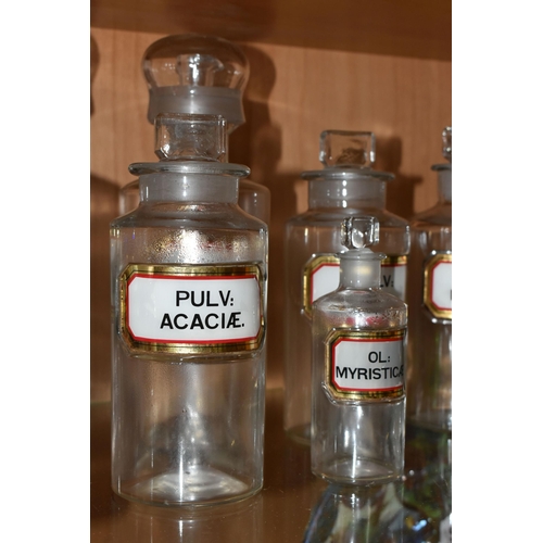 369 - A COLLECTION OF ELEVEN CLEAR AND COLOURED PHARMACY BOTTLES, all with glass labels and glass stoppers... 