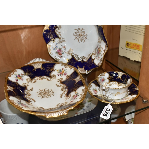 375 - TWO COALPORT DISHES, together with a cup and saucer, cobalt blue panels, Y2665 pattern inside cup, t... 