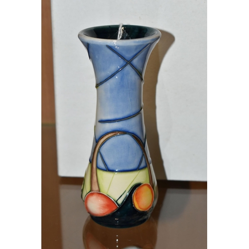 376 - A BOXED MOORCROFT BUD VASE DECORATED WITH A SUN AND FRUIT DESIGN (AUSTRALIAN SUNBURST?), impressed a... 