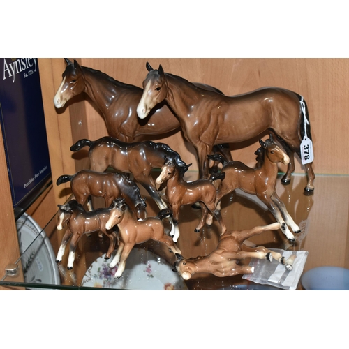 378 - TWO BESWICK HORSES AND SEVEN BESWICK FOALS, ALL BROWN GLOSS, comprising two Bois Roussel Racehorse, ... 