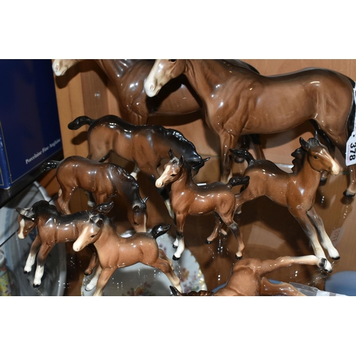 378 - TWO BESWICK HORSES AND SEVEN BESWICK FOALS, ALL BROWN GLOSS, comprising two Bois Roussel Racehorse, ... 