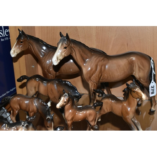 378 - TWO BESWICK HORSES AND SEVEN BESWICK FOALS, ALL BROWN GLOSS, comprising two Bois Roussel Racehorse, ... 