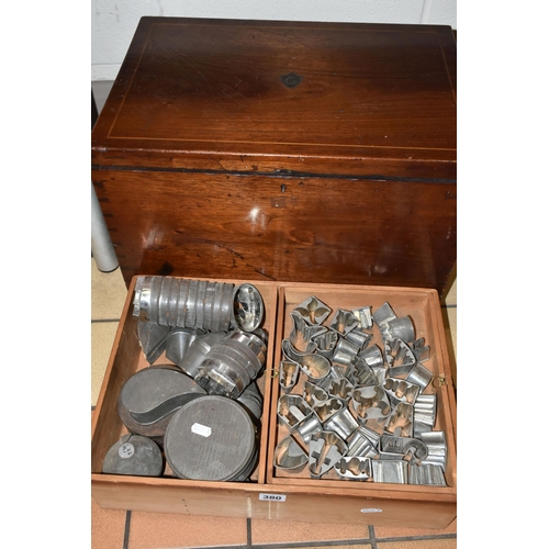 380 - A LATE 19TH CENTURY WALNUT AND SATINWOOD BANDED PASTRY CHEF'S BOX AND CONTENTS, the lid with shield ... 